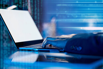 Aufkleber - Hands, code and laptop screen, futuristic and programming, software development with digital overlay. Mockup space, man programmer in office at night and database, information technology and server