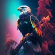 Majestic eagle on branch. On forest background. Bald Eagle Staredown. colorful. AI generated