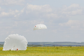 skydiver in the sky with a round landing parachute