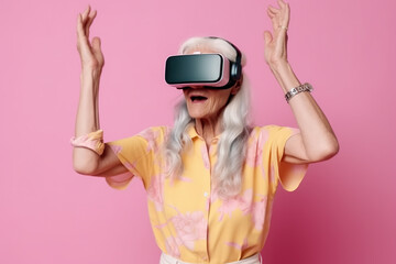 astonished senior woman in virtual reality headset