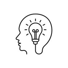 Human Head With Lightbulb. New Idea Icon Line Style Isolated On White Background. Vector Illustration