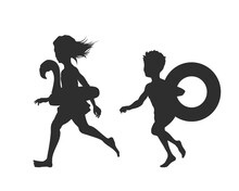 Kids Run On A Beach. Black Silhouette Of Children With Inflatable Toys. Happy Childhood Scene. Sea Holiday. Boy And Girl Play Near Water