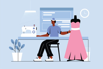Poster - Creative workers blue concept with people scene in the flat cartoon style. Fashion designer is working on sketches for a new dress. Vector illustration.