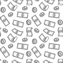 Seamless Pattern Of Raining Money Doodle. Falling Dollar Banknotes, Gold Coins In Sketch Style. Vector Illustration
