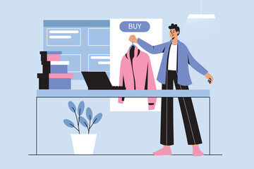 Aufkleber - Online shopping blue concept with people scene in the flat cartoon design. Man wants to buy new clothes in an online store. Vector illustration.