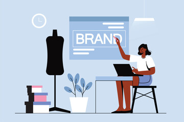 Poster - Branding blue concept with people scene in the flat cartoon design. Creative designer works on improving the image for a client company. Vector illustration.