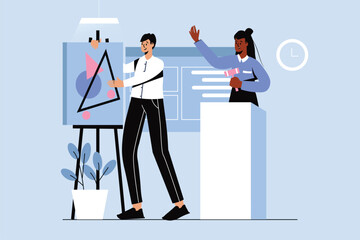 Aufkleber - Blue concept Auction with people scene in the flat cartoon design. Auctioneer put up for sale an expensive and famous painting. Vector illustration.