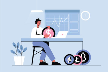 Aufkleber - Cryptocurrency investment blue concept with people scene in the flat cartoon design. Financial specialist monitors the change in the exchange rate of cryptocurrencies. Vector illustration.