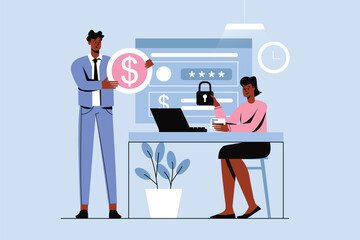 Aufkleber - Online banking blue concept with people scene in the flat cartoon design. Man came to the bank to set up the online banking functions. Vector illustration.