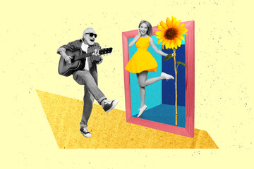 Canvas Print - Creative collage of black white gamma grandfather sing play guitar excited girl jump hold sunflower picture frame isolated on painted background