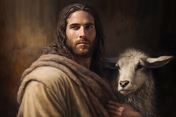 Jesus Christ, Son of God, the good shepherd with a lamb, symbol of Christianity, art painting, Happy easter. Christian symbol of faith, generative ai