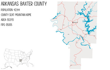 Large and detailed map of Baxter County in Arkansas, USA.