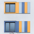 Kolorowa elewacja obiektu, budynku. Materiał z pionowych paneli. Obicia okien.
