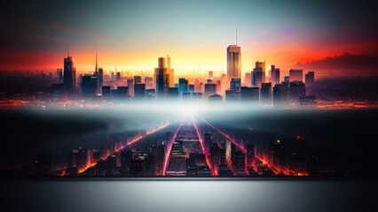 Wall Mural - Cyberpunk streets illustration, futuristic city, dystoptic artwork at night, 4k wallpaper. Rain foggy, moody empty future. Generative AI