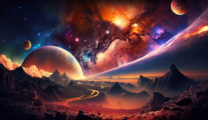 cosmic vista showcasing a vibrant galaxy teeming with radiant stars, orbiting planets, and advanced spaceships traversing the endless expanse