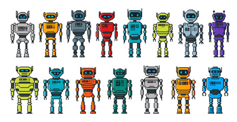 Aufkleber - Pixel robot characters, cartoon android cyborgs