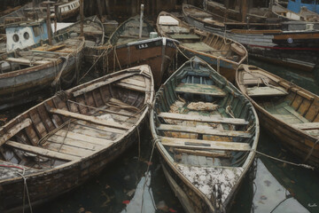 Wall Mural - Close on wooden boats in a harbor  Generative AI