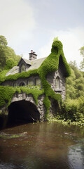 Wall Mural - giant massive moss covered irish stone fantasy cottage built on top of huge archway spanning across a river shamrock  Generative AI