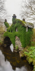 Wall Mural - giant massive moss covered irish stone fantasy cottage built on top of huge archway spanning across a river shamrock  Generative AI