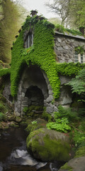 Wall Mural - giant massive moss covered irish stone fantasy cottage built on top of huge archway spanning across a river shamrock  Generative AI