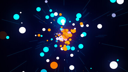 Poster - Flying colorful balls and lines in dark space. Flying particles in empty space. Dynamic shape.