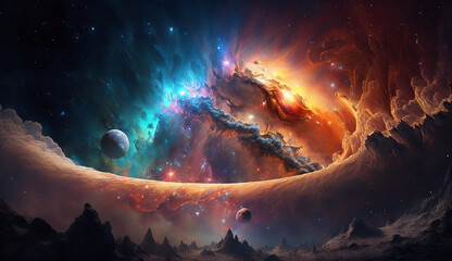 cosmic vista showcasing a vibrant galaxy teeming with radiant stars, orbiting planets, and advanced 