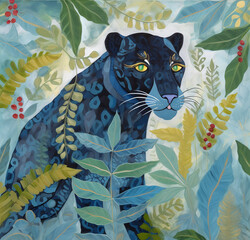 Wall Mural - the blue panther, anatomically correct panther, detailed eyes, light and shadow, curly thin plants and flowers, colorful foliage, botanical, jungle like, intricate, Generative AI