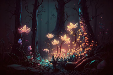 Poster - Fairy-tale glowing plants in the forest, AI generated