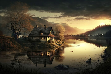 Poster - The cabin is at the foot of the high mountains by the lake, at sunrise, AI generated