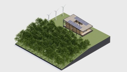 eco house isometric nature sustainable. green isometric home environment solar cell forest with windmill ecology , 3d render illustration. isometric architecture with tree, grass leaf, on isolated.