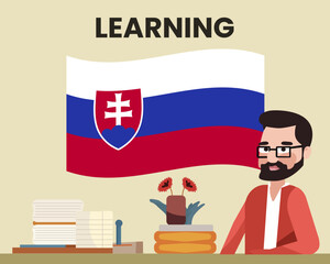 Slovakia flag with a male teacher, learning or teaching Slovakia language, school concept