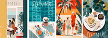 Happy Family, Summer, Vacation. Vector Illustrations Of Mom, Dad And Children At The Resort, Woman Relaxing In The Pool, People In The Interior And Table In The Coffee Shop For A Greeting Card, Poster