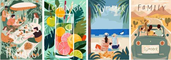Family, summer, picnic, lemonade. Vector illustrations of traveling by car with friends, fruit drink, mother, father and child at the sea and barbeque in the park