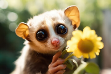 Slow Loris monkey holds a daisy flower and smiles close-up. Sunny day, happiness, summer, love of nature. Little funny baby loris sniffs spring flowers. Generative AI.