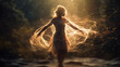 Ethereal woman dancing in nature with light trails. Generative Ai.