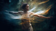 Ethereal woman dancing in nature with light trails. Generative Ai.