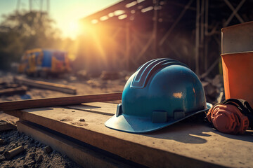 Wall Mural - A blue safety helmet or hardhat for the construction worker which is placed on the ground of construction working site, image applied with orange sunlight flare. Generative Ai image.