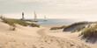 Sand dunes with a lighthouse and some sailboats - Generative AI