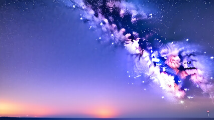 Wall Mural - Milky Way arch. Fantastic night landscape with bright arched milky way, sky with stars, and hills -AI Generative	