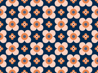 Wall Mural - Retro simple floral geometric pattern texture, modern cute daisy flowers graphic on blue background