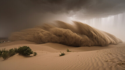 The power of nature in stunning desert sandstorm. Sand swirl and dance in the air, creating a dramatic and inspiring atmosphere. Generative ai