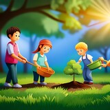  Dzieci sadzą drzewko w parku, ochrona środowiska, nauka. Wygenerowano z AI.