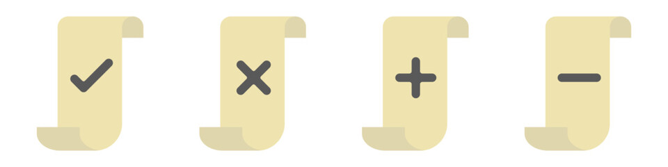 Poster - Set of simple shop receipts vector. Shop receipt with a check mark and a cross. Shop receipt plus and minus vector. Payment confirmation or cancellation vector icon set.