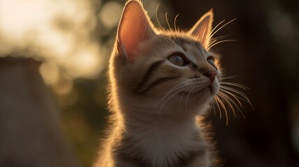 a cat looks up into the sky at sunset near trees