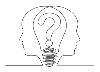 Aufkleber - Continuous One  line drawing of light bulb, in the form of a human face with a question sign inside.