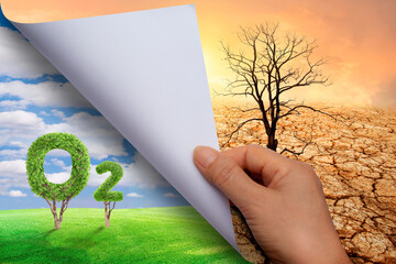 woman hand turning pages of paper. o2 icon metaphor climate change solution. global warming, sustain