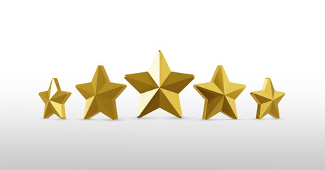 Five Gold rating star symbol of customer satisfaction review service best quality ranking icon or shiny feedback success sign award and product evaluation rate on golden 3d background with excellent.