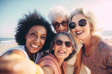 Generative ai middle age happy smiling group multiethnic friends at beach taking selfie