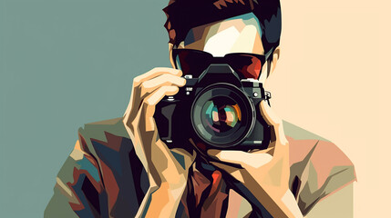 illustration of a photographer wearing sunglasses looking through the viewfinder of a camera