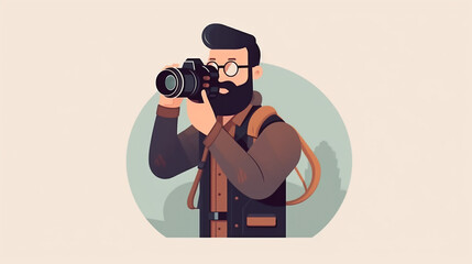 illustration of a bearded photographer wearing glasses looking through the viewfinder of a camera